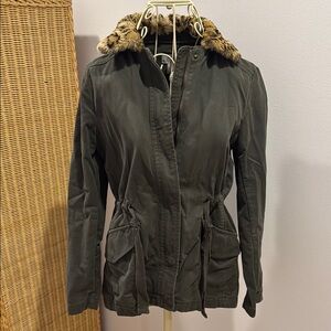 Women's Olive Green Jacket with Faux Fur Trim